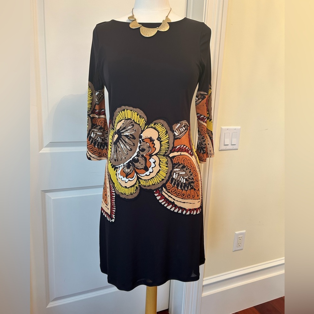 Papillon Blanc Long Sleeve Black A-Line Dress with Vibrant Floral Accents
